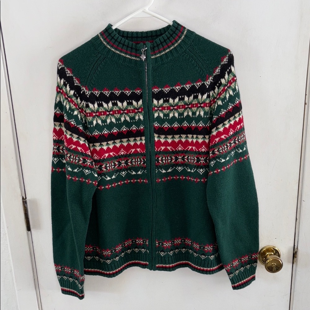 Vintage Tiara International hunter green fair isle zip front cardigan Size M